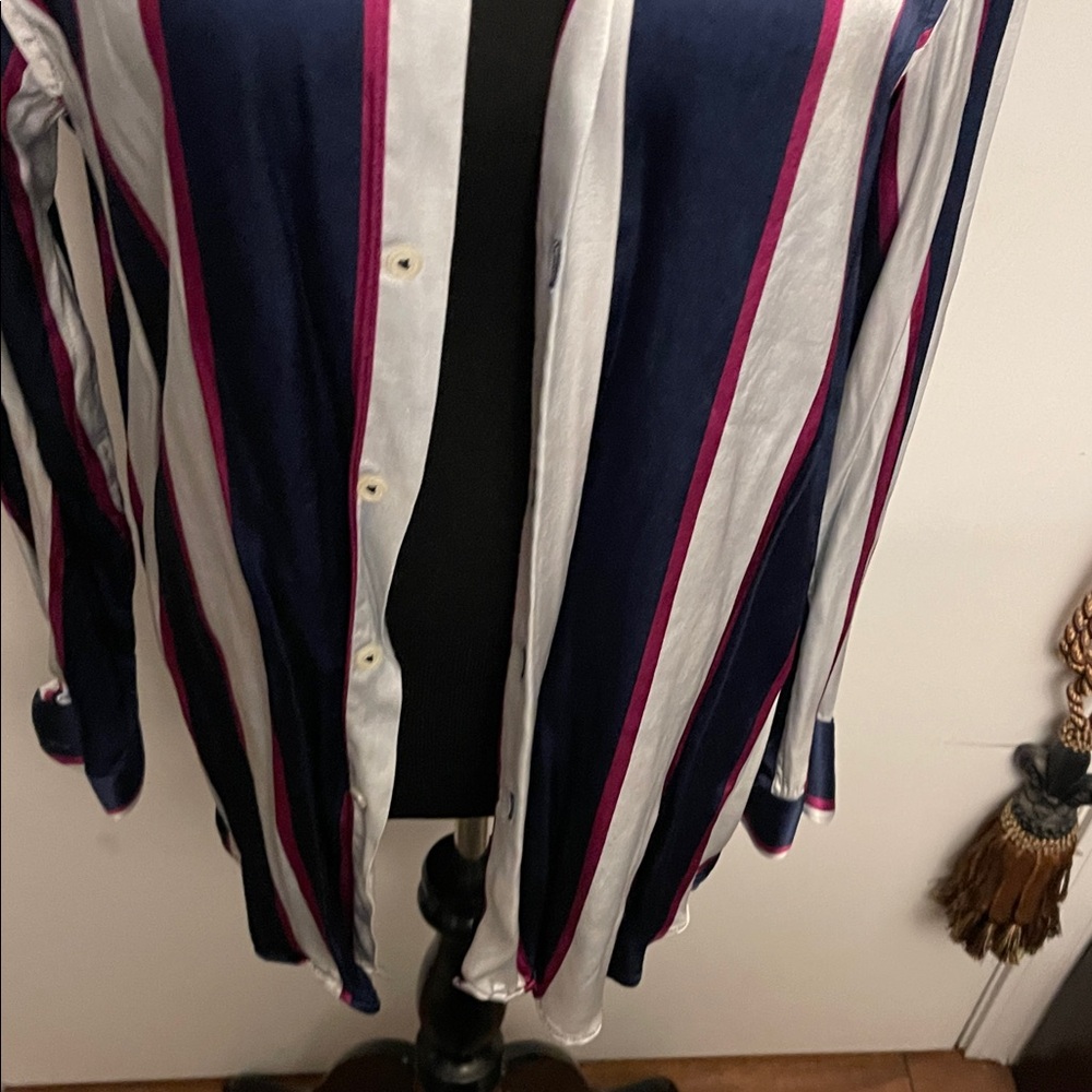 Zara Navy, Pink, and White Striped Button Down Shirt - Picture 3 of 7